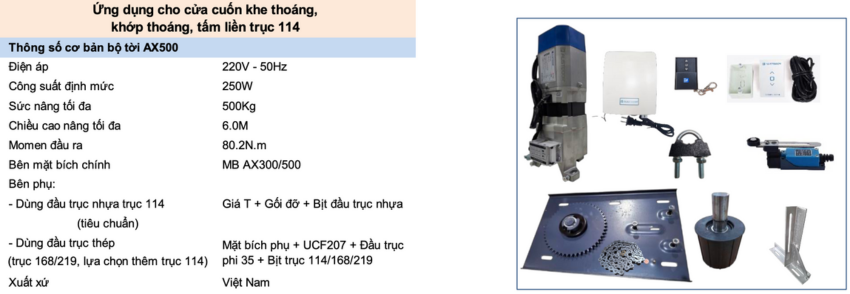 Thông số kỹ thuật bộ tời cửa cuốn Austdoor AX500